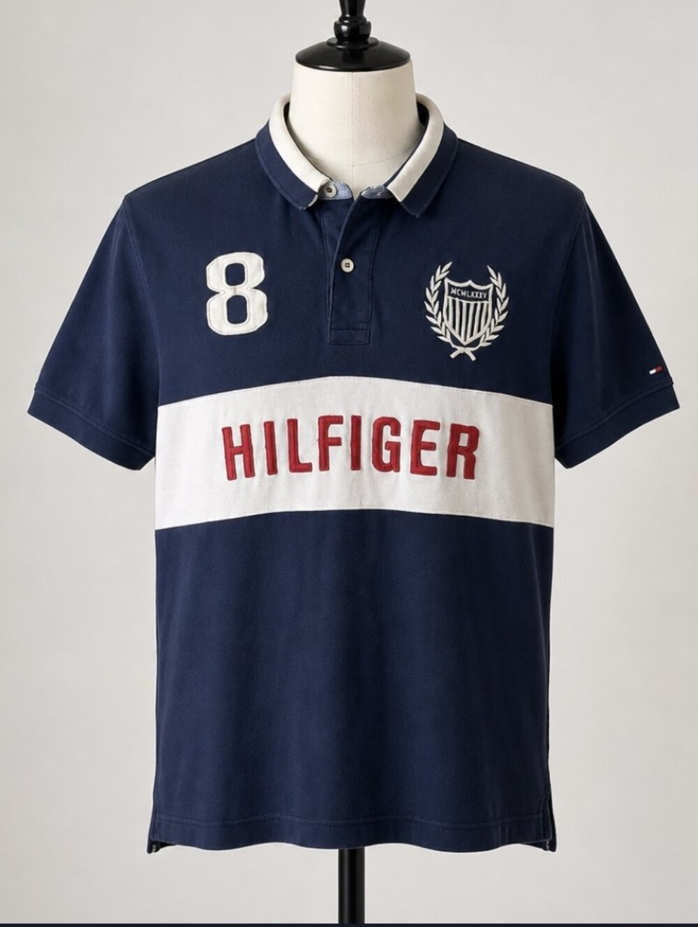 Tommy Hilfiger Rugby Style Polo Colorblock Mens Large Navy & White Custom Fit